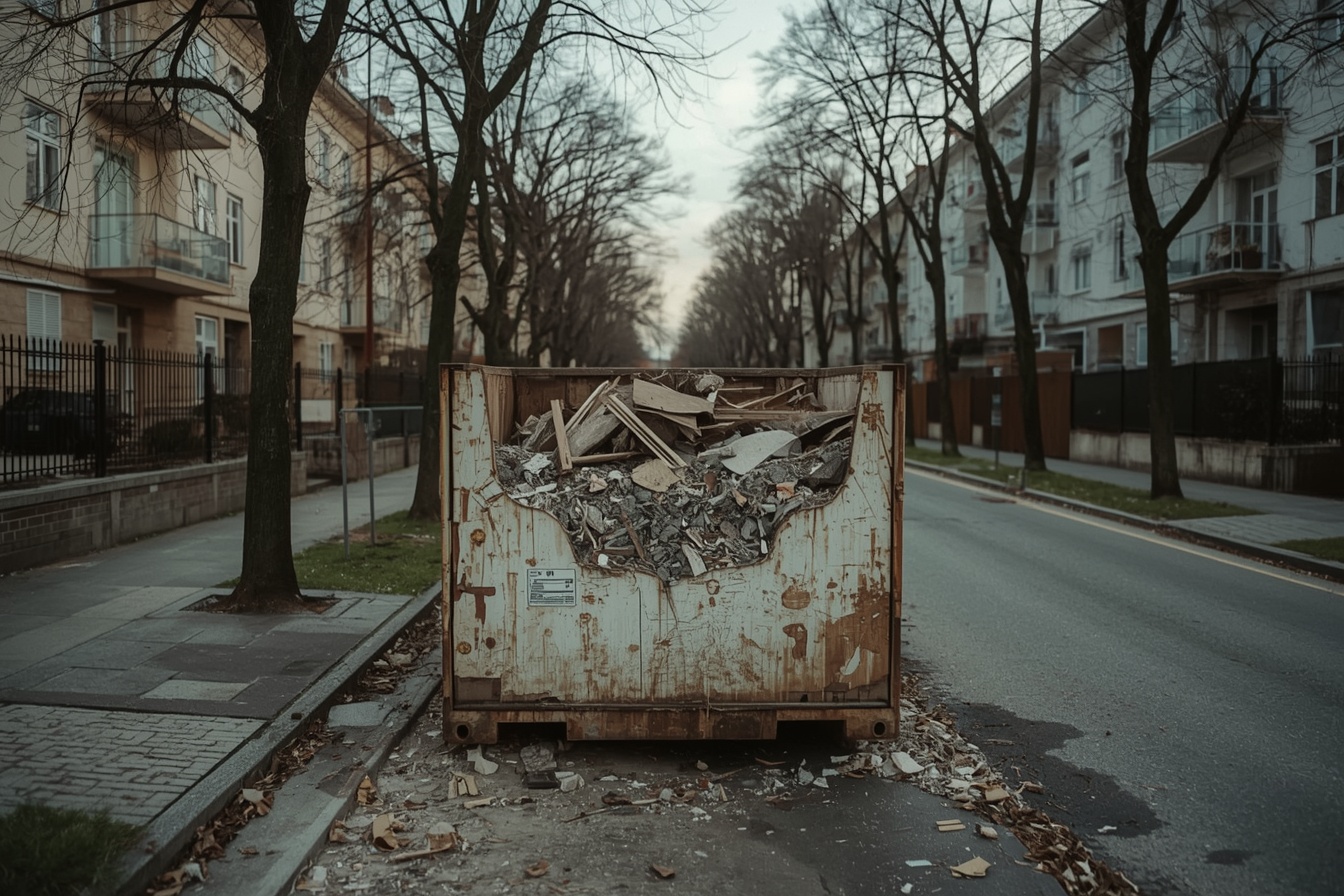 Absetzcontainer mit Bauschutt am Straßenrand einer Berliner Allee