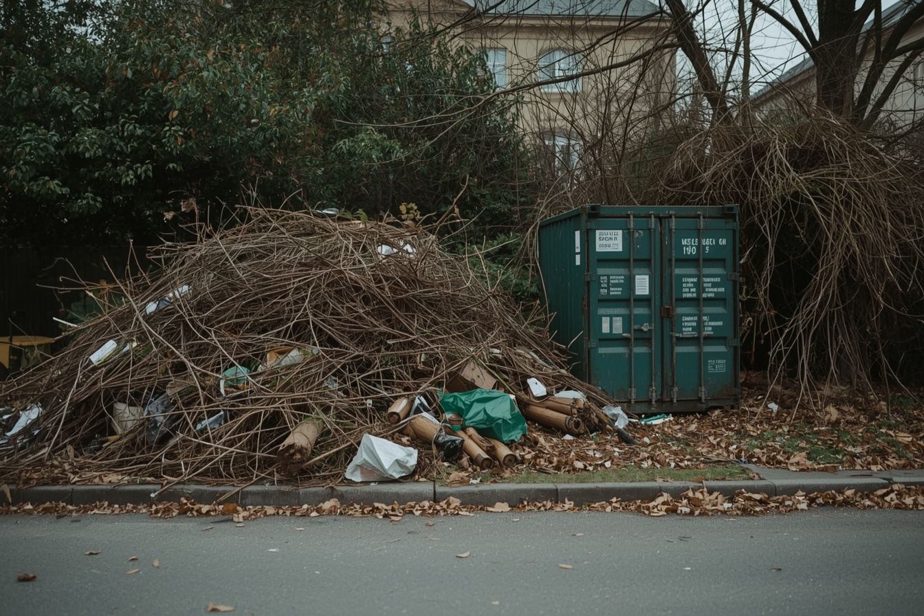 Haufen aus Grünschnitt und Ästen am Straßenrand vor einem Wohnhaus
