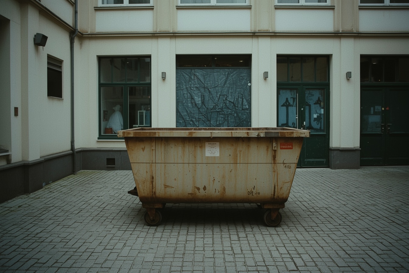 Leere Absetzmulde im gepflasterten Hof vor einem Wohnhaus