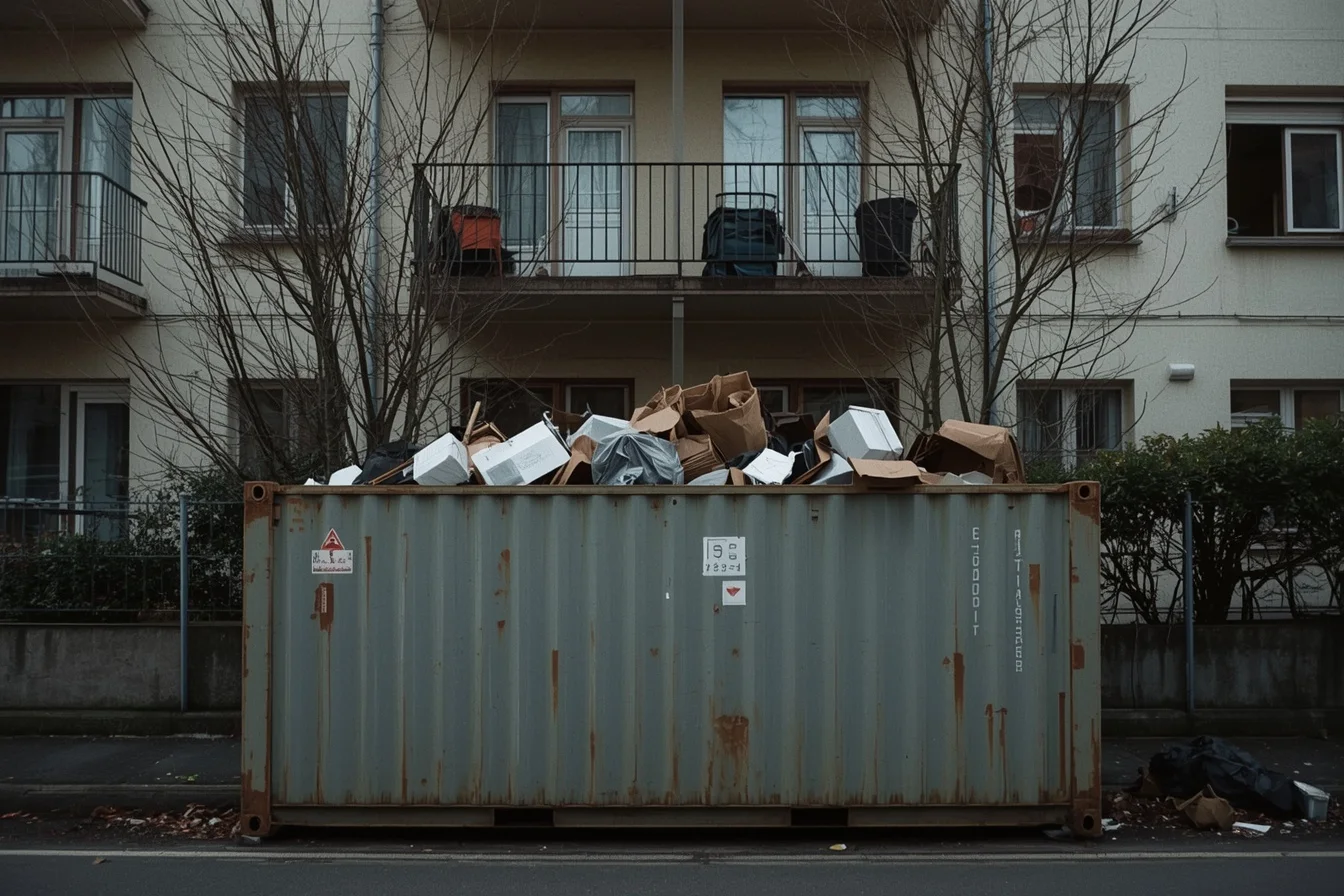 Offener Container mit Sperrmüll vor einem Berliner Wohnhaus