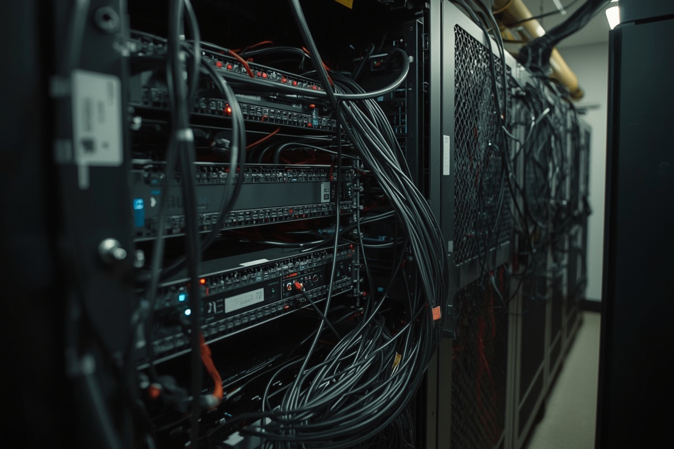 Serverschrank mit Netzwerktechnik und Kabeln aus einer Büroauflösung