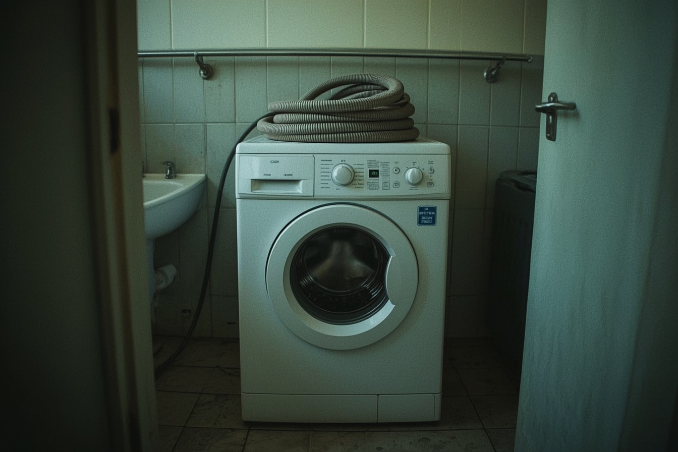 Abgeklemmte Waschmaschine im Badezimmer, Schlauch liegt aufgerollt obenauf
