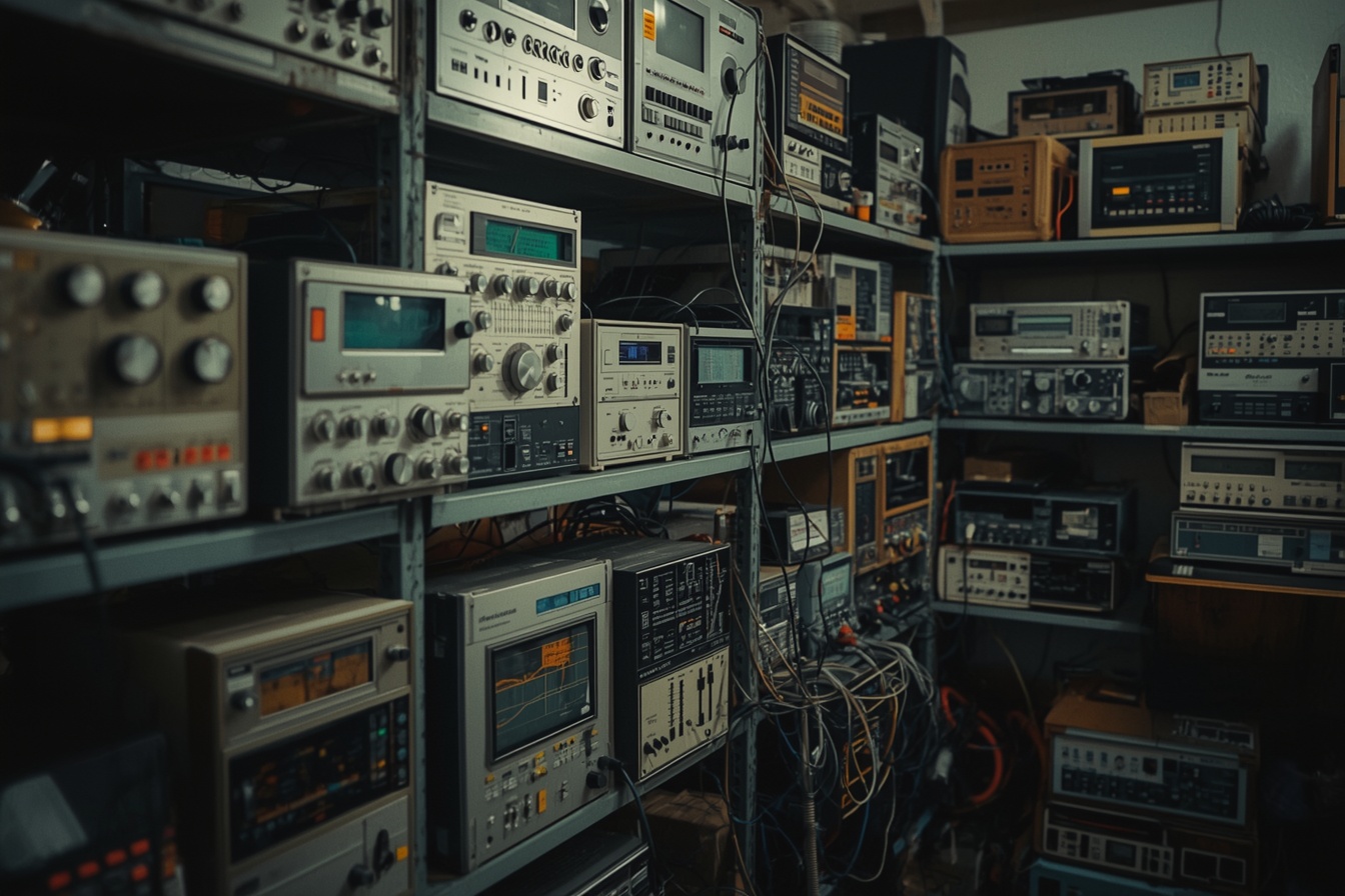 Ausgemusterte Elektrogeräte geordnet im Lagerregal