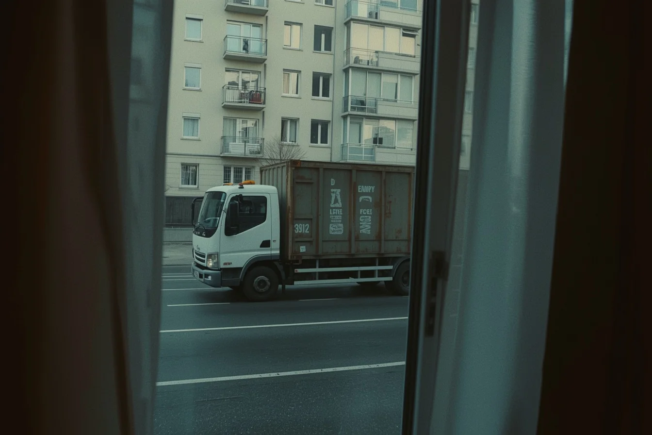 Transporter vor einem Wohnhaus, Blick aus dem Fenster