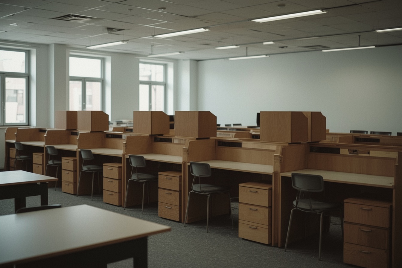 Leerstehende Büroetage mit Arbeitsplätzen und Rollcontainern vor der Übergabe