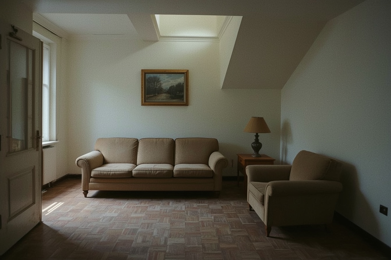 Sofa und Sessel in einer ausgeräumten Dachgeschosswohnung