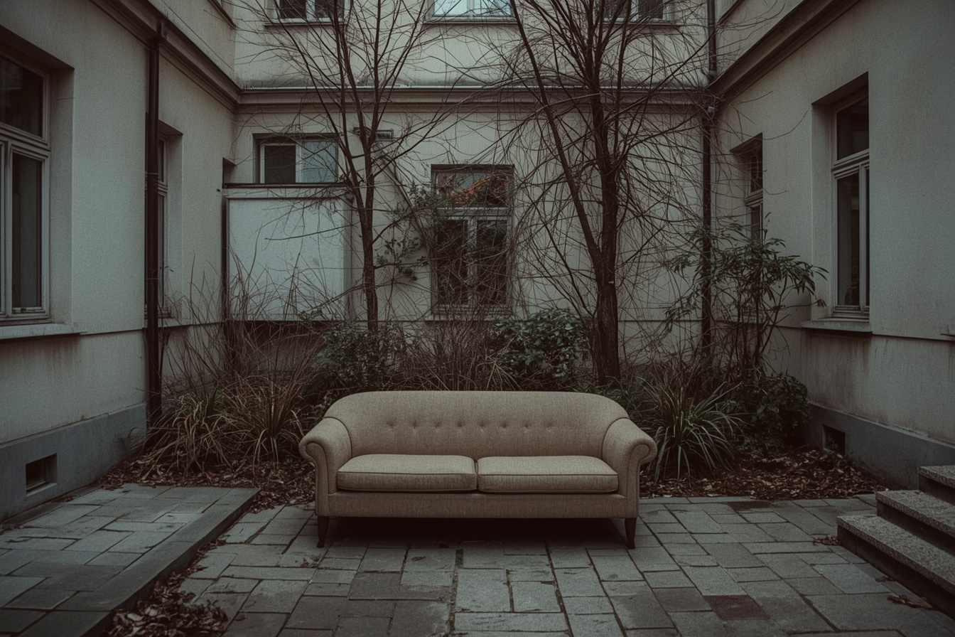 Couch im Berliner Hinterhof zwischen Altbauten