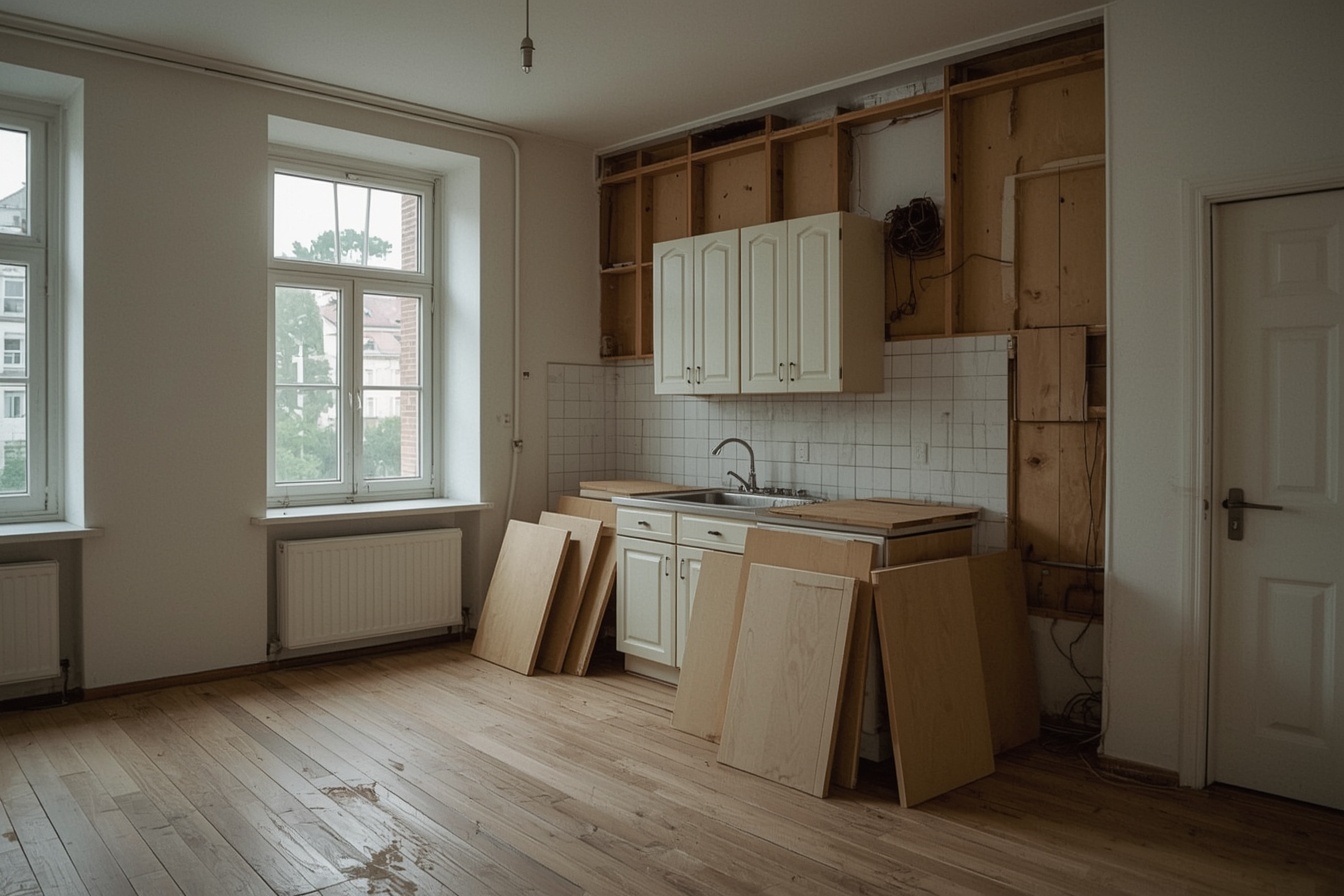 Abgebaute Küchenmöbel und Holzplatten in einer leeren Wohnung