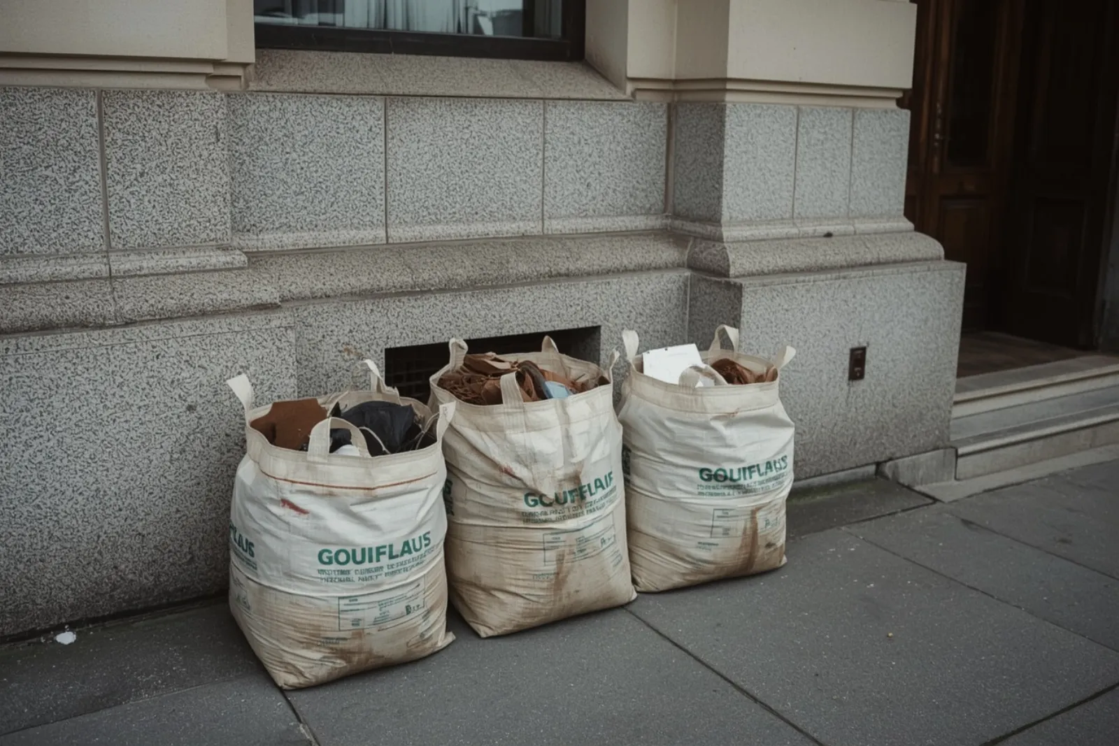 Drei gefüllte Big Bags mit Bauschutt vor einem Altbau