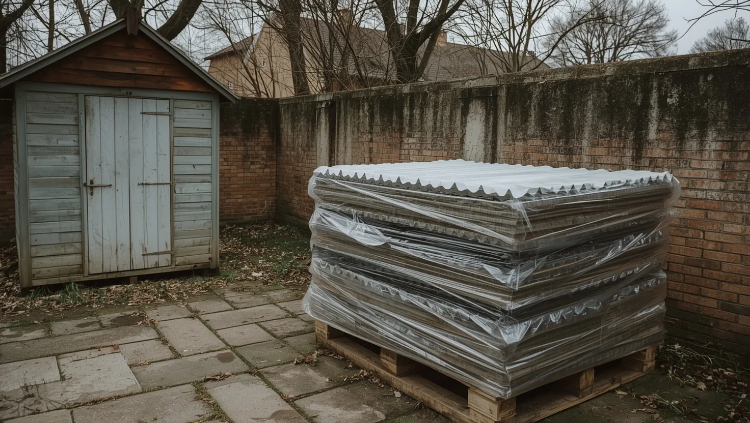 Ausgebaute Asbestzement-Wellplatten, in Folie verpackt auf einer Palette neben einem Gartenschuppen