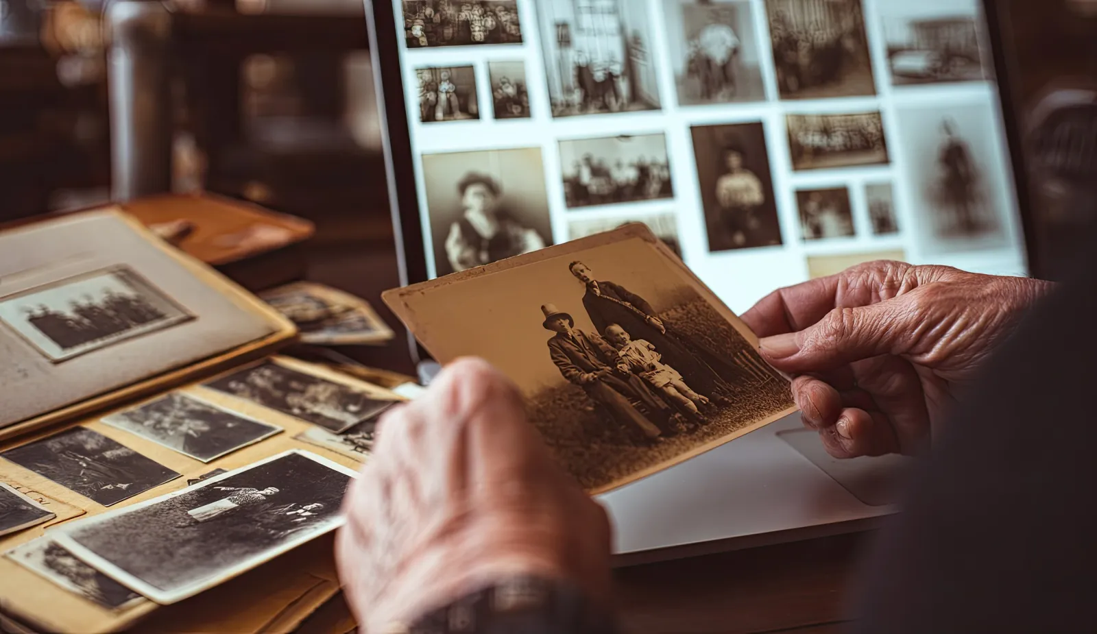 Hände halten eine alte Fotografie über einer Sammlung historischer Bilder