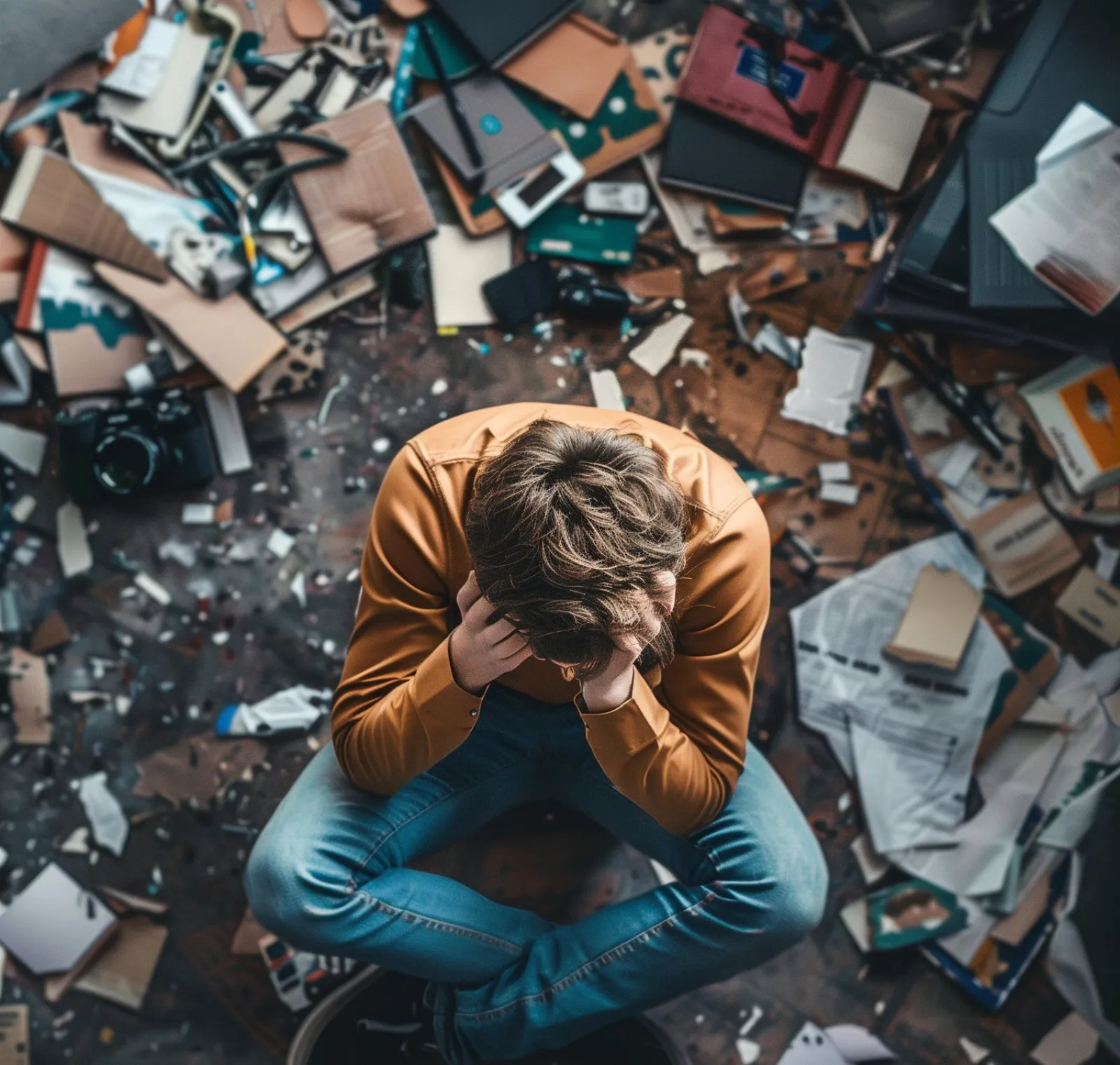 Person sitzt inmitten einer stark zugestellten Wohnung