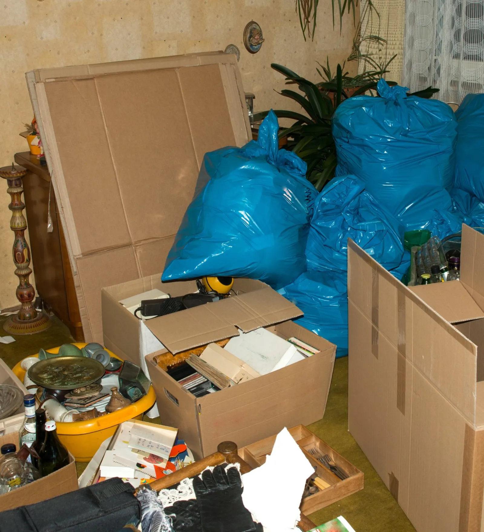 Gepackte Kartons und blaue Säcke in einer Wohnung während der Räumung