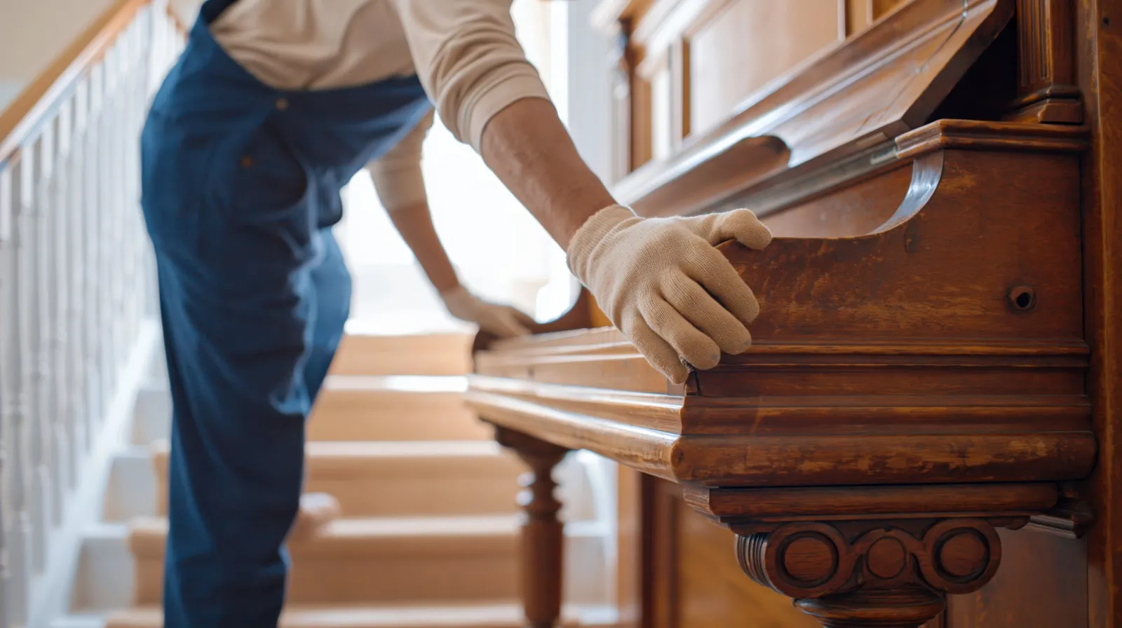 Mitarbeiter mit Handschuhen trägt ein altes Klavier über eine Treppe